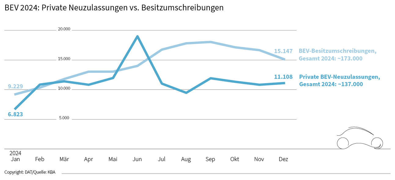 E-Autos 2024: Die Grafik zeigt die privaten Neuzulassungen zwischen Januar und Dezember im Vergleich zu den Besitzumschreibungen im selben Zeitraum.
