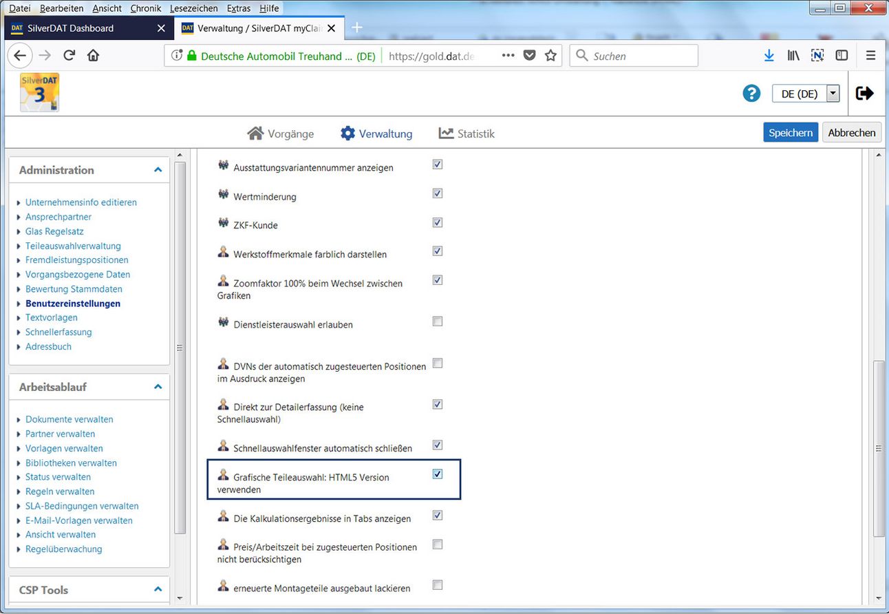 Einstellung: Grafische Teileauswahl, um zur überarbeiteten Reparaturkostenkalkulation zu gelangen