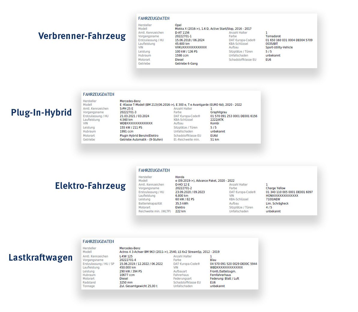 Ausgedruckte DAT-Bewertung: Je nach Motorart bzw. Antrieb des Fahrzeugs (Verbrenner-Motor, E-Auto, Plug-in-Hybrid, LKW) erscheinen bei den Fahrzeugdaten entsprechend wichtige Angaben wie WLTP-Reichweite, Batteriekapazität, Info zu Aufbauten etc. 