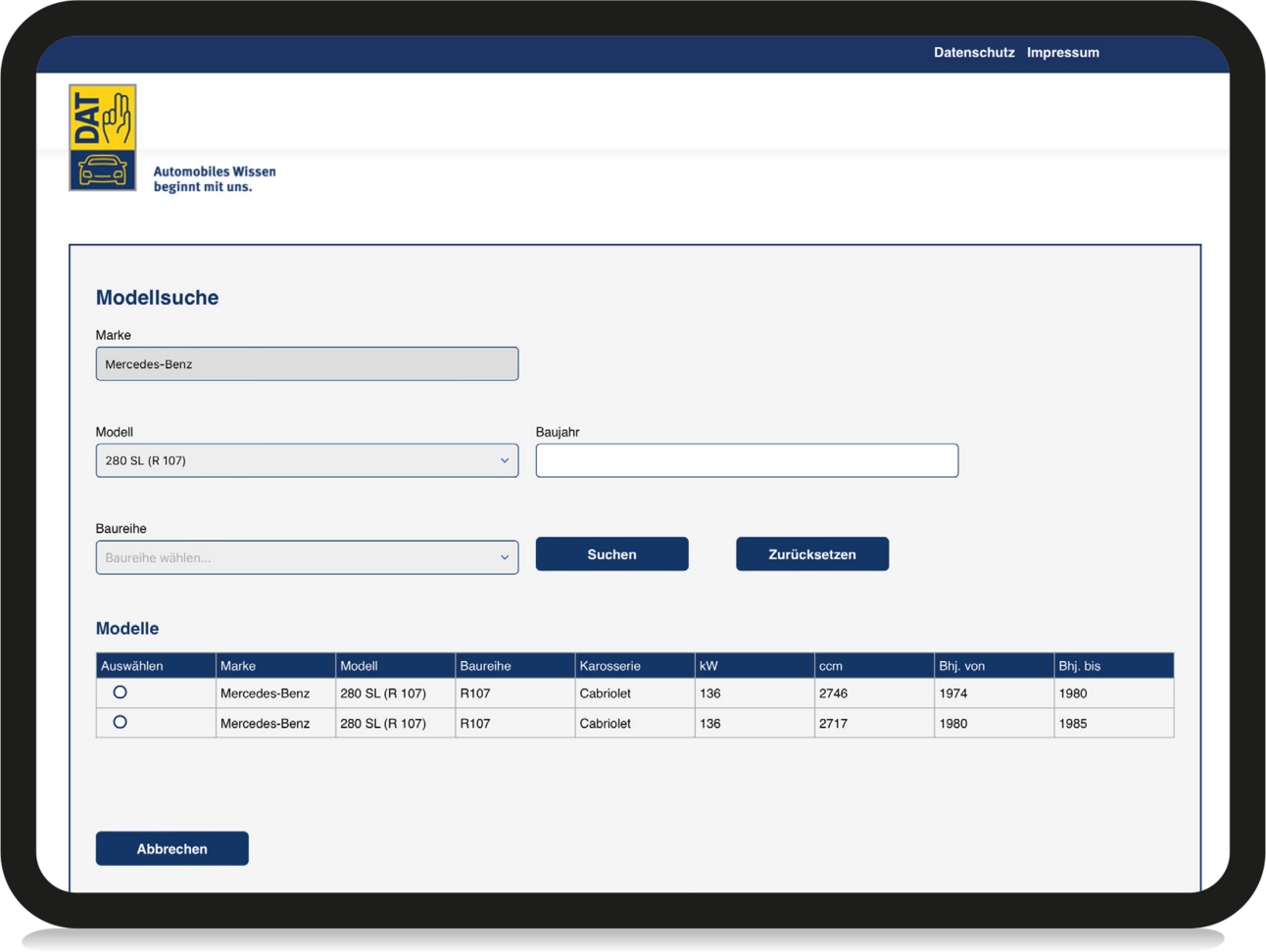 Screenshot der Modellsuche von SilverDAT Classic, die Software zur Bewertung von Young- und Oldtimern