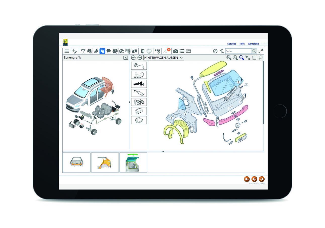 Tablet-Screenshot der geöffneten SilverDAT 3 mit der Reparaturkostenkalkulation eines Audi A1 Sportback
