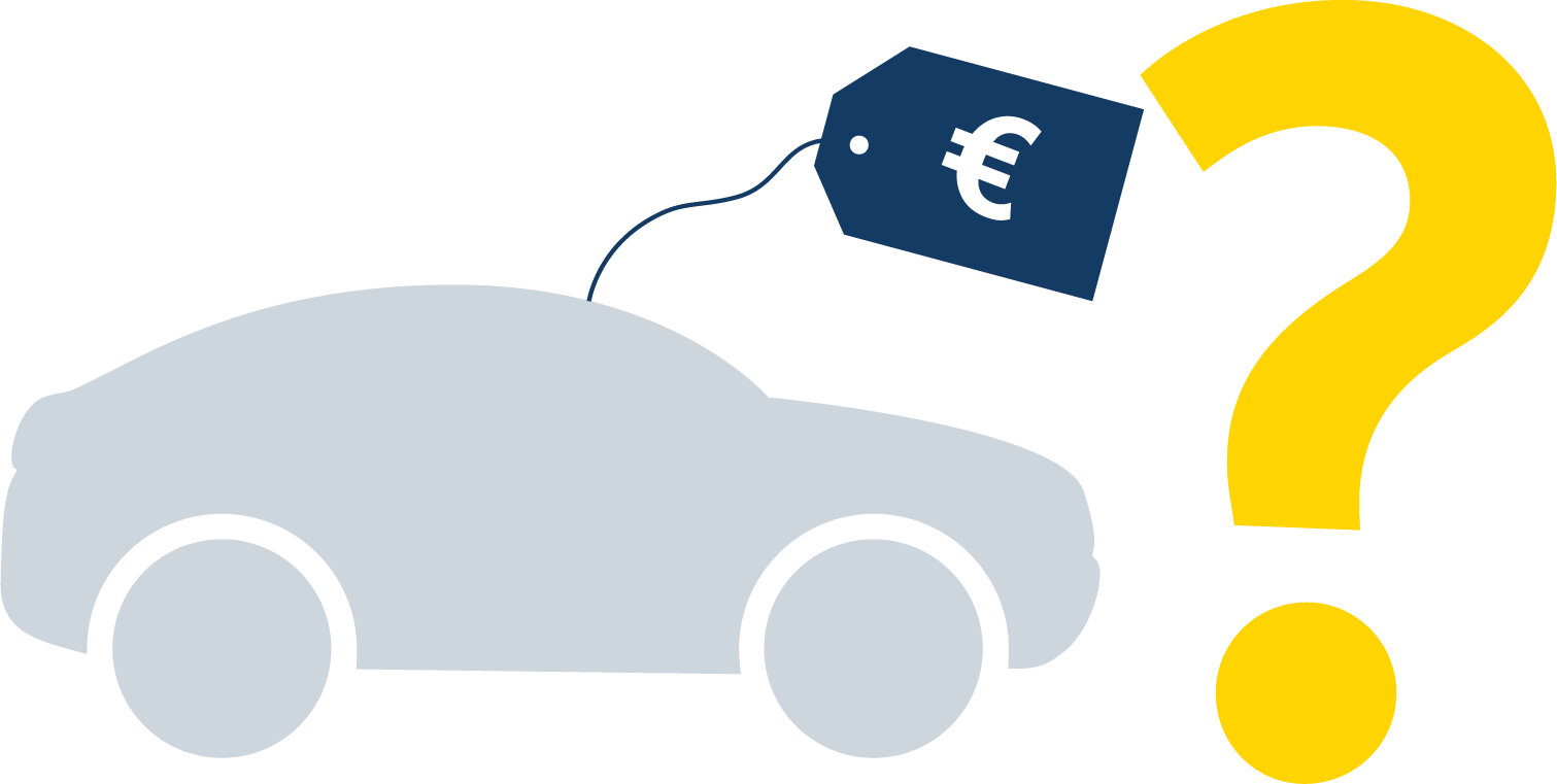 Icon: Auto mit Euro-Preisschild und Fragezeichen. Um die große Frage bei der Restwert-Prognose beantworten zu können, ist viel Erfahrung und Wissen gefragt. Die DAT berücksichtigt für ihre Restwert-Vorhersagen jährlich ca. 600.000 Verkaufspreis-Meldungen aus dem gewerblichen Autohandel.: 