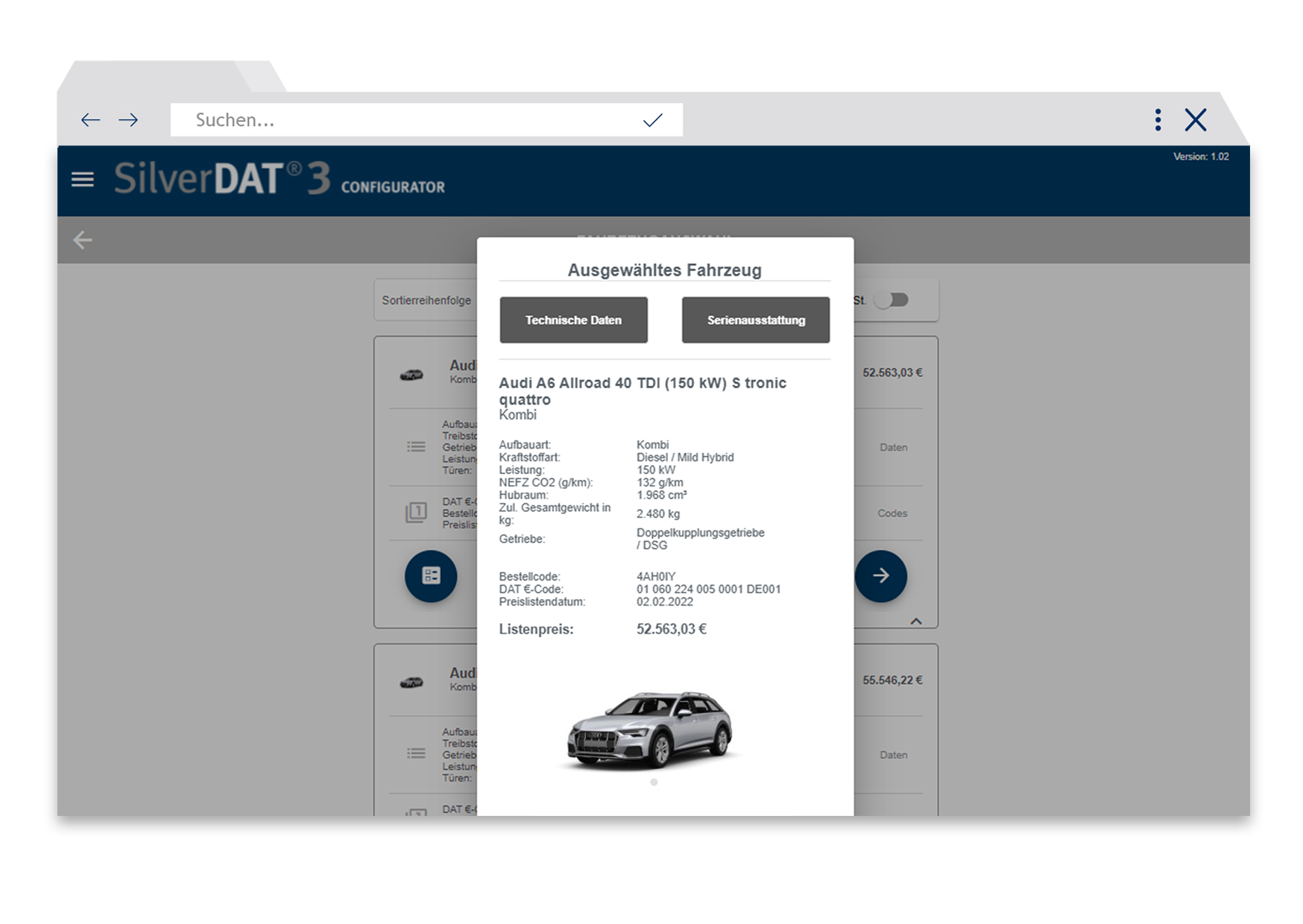 Browser-Fenster mit Screenshot der Software SilverDAT 3 Configurator. Das ist eine Auto Konfigurator Software für mehrere Marken