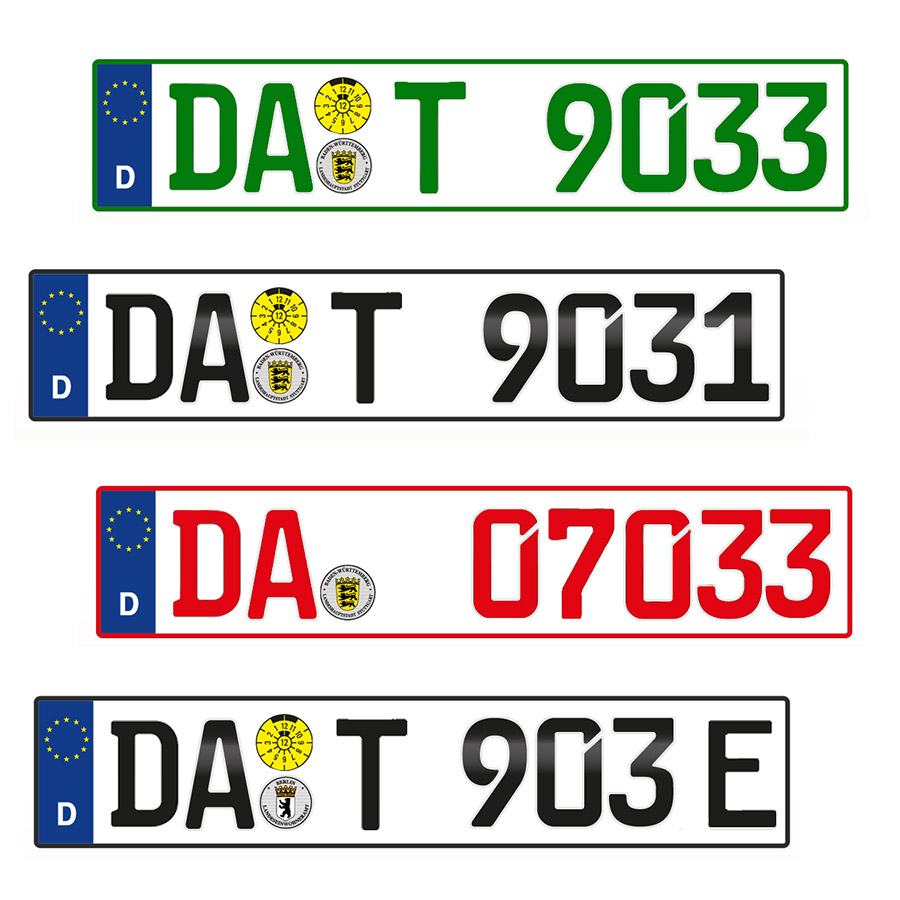 Vier verschiedene deutsche amtliche Kfz-Kennzeichen: Rotes 07er-Kennzeichen, grünes Kennzeichen, reguläres Kennzeichen, E-Kennzeichen. In der Software SilverDAT valuateExpert (für Kfz-Sachverständige) lässt sich nun auch mit der Kennzeichen-Art arbeiten, sodass die Ausdrucke zur DAT-Bewertung nun noch präziser werden.