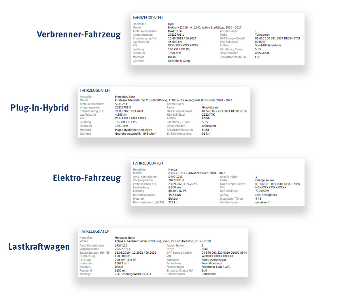 Ausgedruckte DAT-Bewertung: Je nach Motorart bzw. Antrieb des Fahrzeugs (Verbrenner-Motor, E-Auto, Plug-in-Hybrid, LKW) erscheinen bei den Fahrzeugdaten entsprechend wichtige Angaben wie WLTP-Reichweite, Batteriekapazität, Info zu Aufbauten etc. 