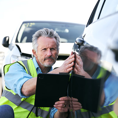 Autohausmitarbeiter begutachtet einen Autolack nachdem er am Webinar zur Hagelschadenkalkulation der DAT teilgenommen hat