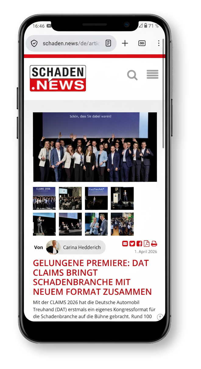 Mockup: Handy mit Screenshot der Nachberichterstattung zur CLAIMS 2026 auf dem Portal schaden.news