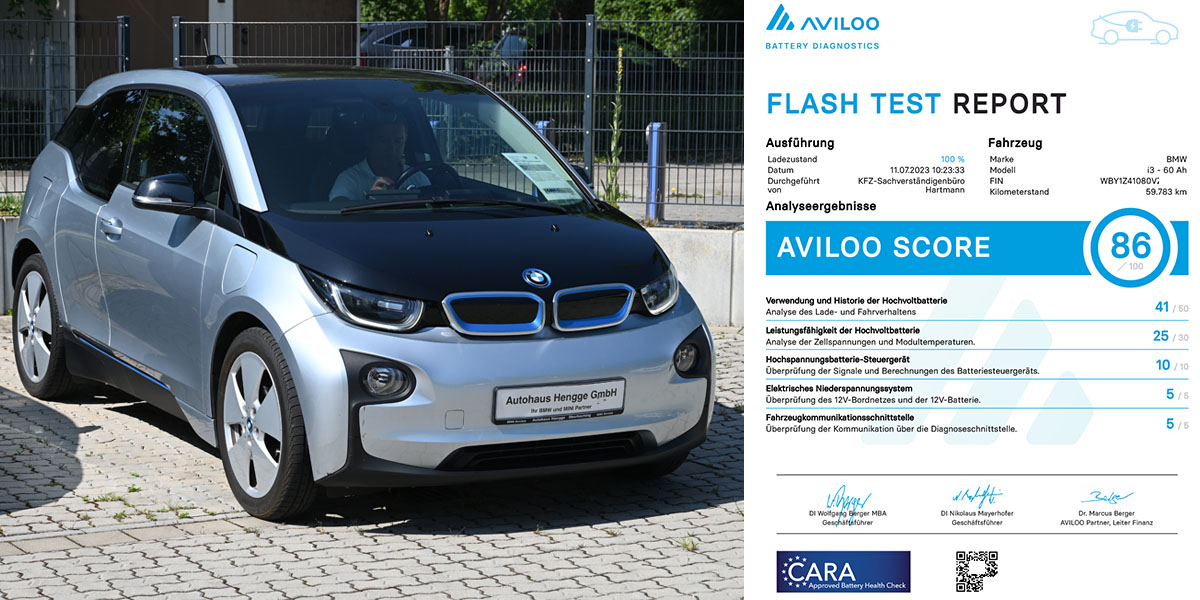 Aviloo-Testergebnis eins BMW i3 mit ausgelesenem Aviloo-Score von von 86%