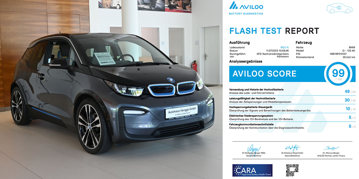 Aviloo-Testergebnis eins BMW i3 mit ausgelesenem SoH von 99%