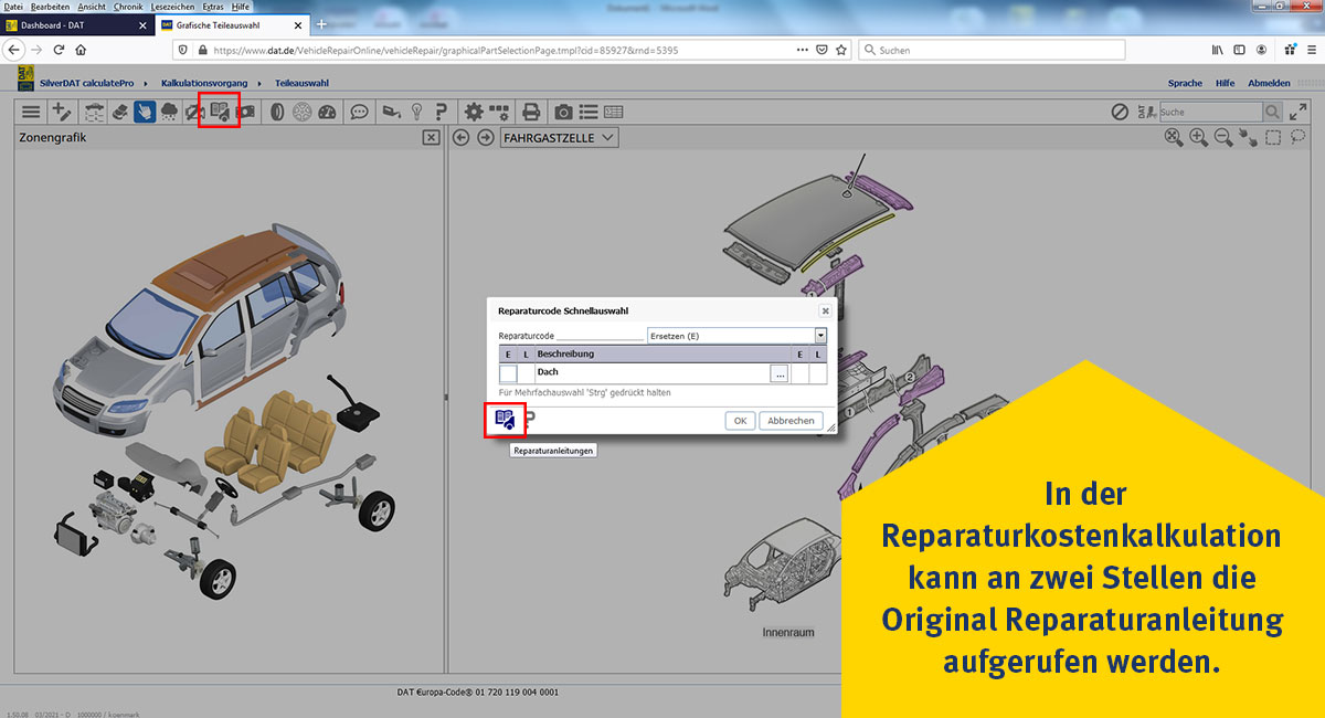 Screenshot aus SilverDAT 3 Reparaturanleitungen: Hier können an zwei Sellen die Original-Reparaturanleitungen aufgerufen werden 