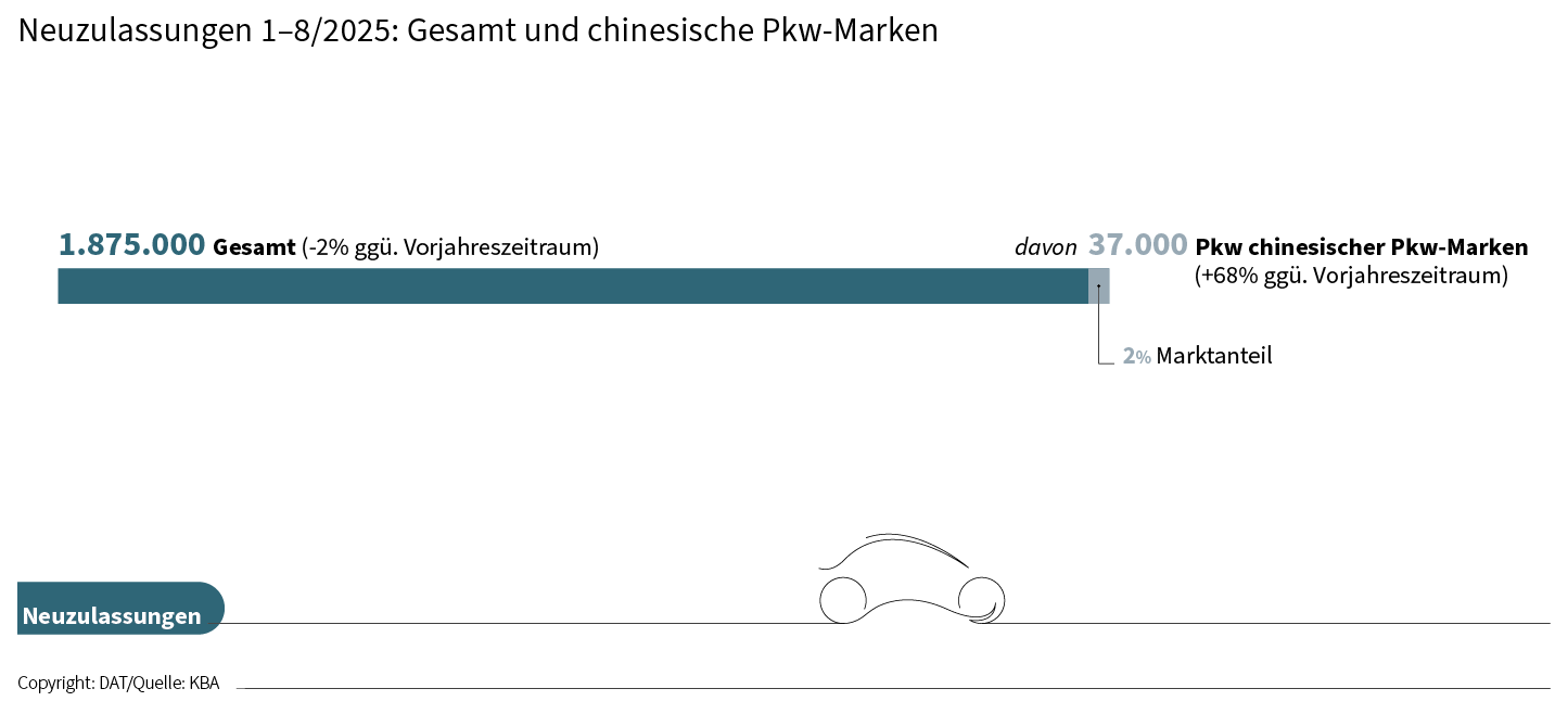 Neuzulassungen 1–8/2025: Gesamt und chinesische Pkw-Marken