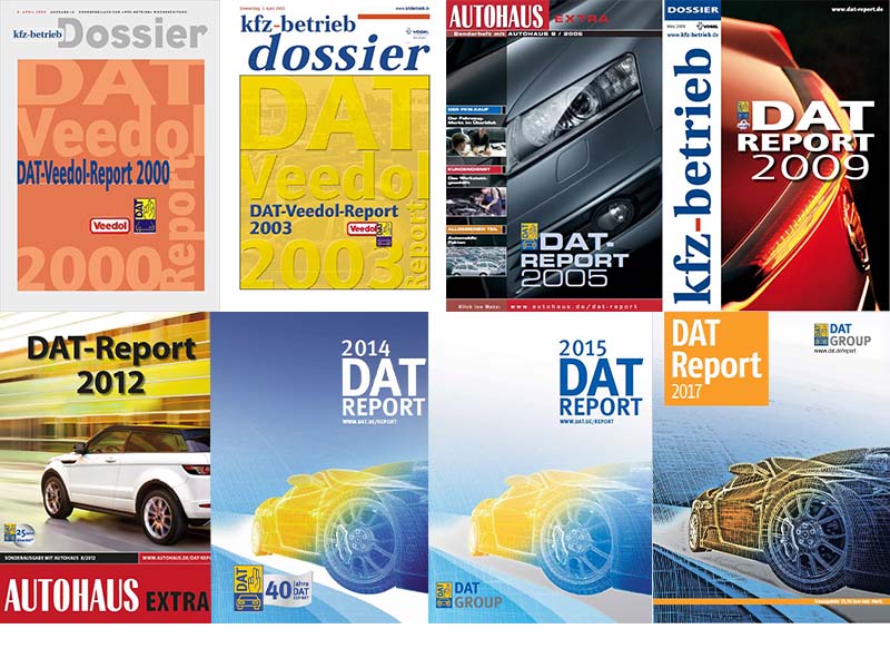 Cover-Bilder verschiedener historischer DAT-Report-Ausgaben. Den DAT-Report gibt es seit 1974