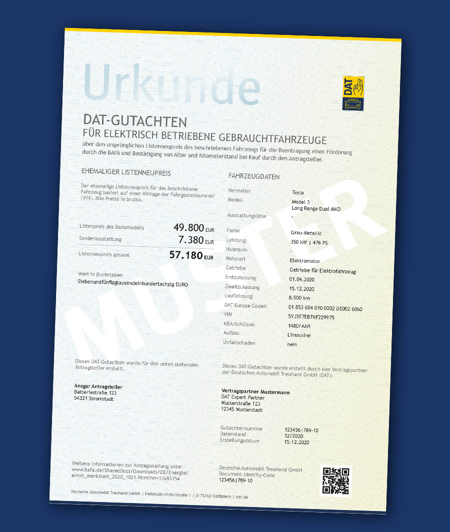 BAFA-Gutachten zur BAFA-Förderung von gebrauchten Elektroautos: Steht keine Neuwagenrechnung zur Verfügung, so muss ein DAT-Gutachter (DAT Expert Partner) den ehemaligen Listenneupreis ermitteln und ihn in der DAT-Urkunde vermerken.