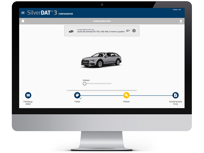 Computer-Bildschirm mit Screenshot der Software SilverDAT 3 Configurator. Das ist ein Auto Konfigurator für mehrere Marken