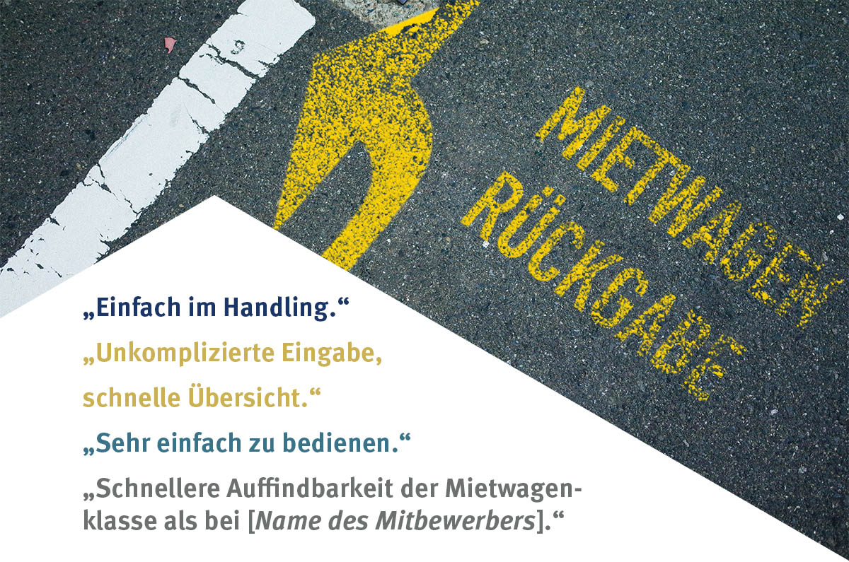 Und das sagen unsere Kunden zum DAT-Mietwagenspiegel: "Einfach im Handling", "Unkomplizierte Eingabe schnelle Übersicht", "Sehr einfach zu bedienen", "Schneller Auffindbarkeit der Mietwagenklasse als bei [Name des Mitbewerbers]"