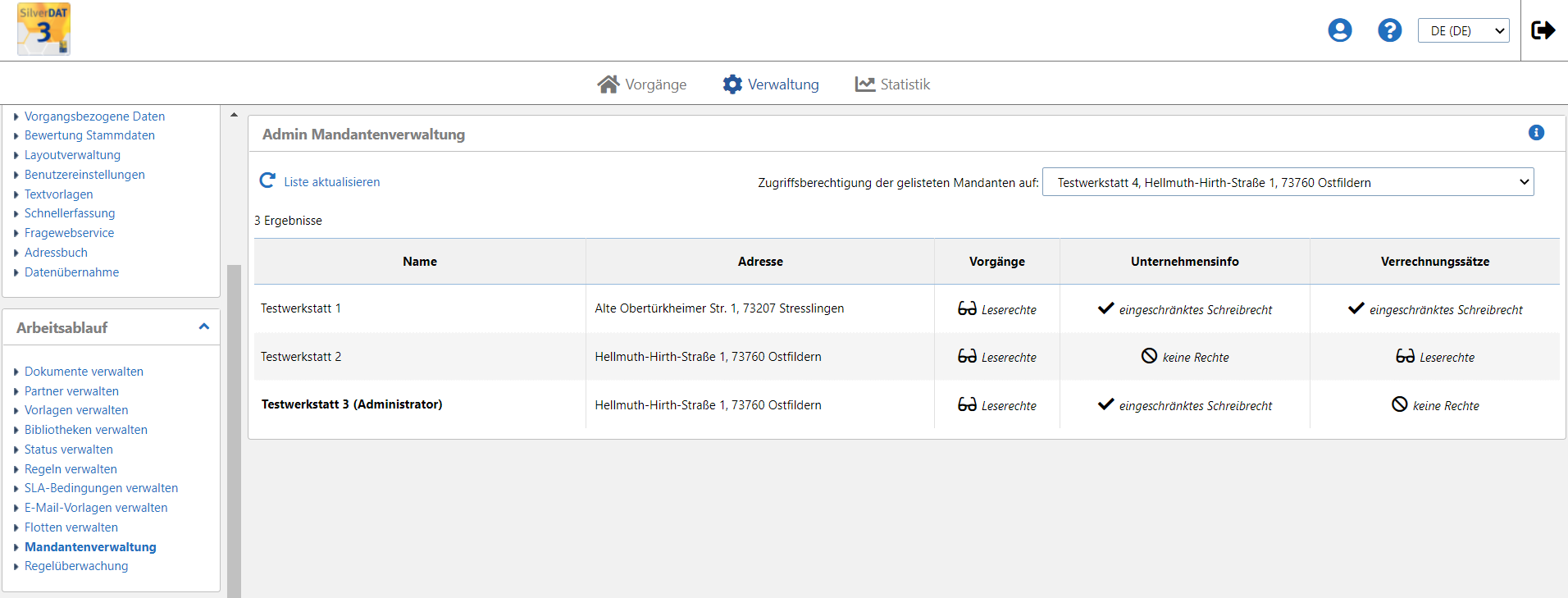 Verbesserte Oberfläche der Mandantenverwaltung in SilverDAT 3