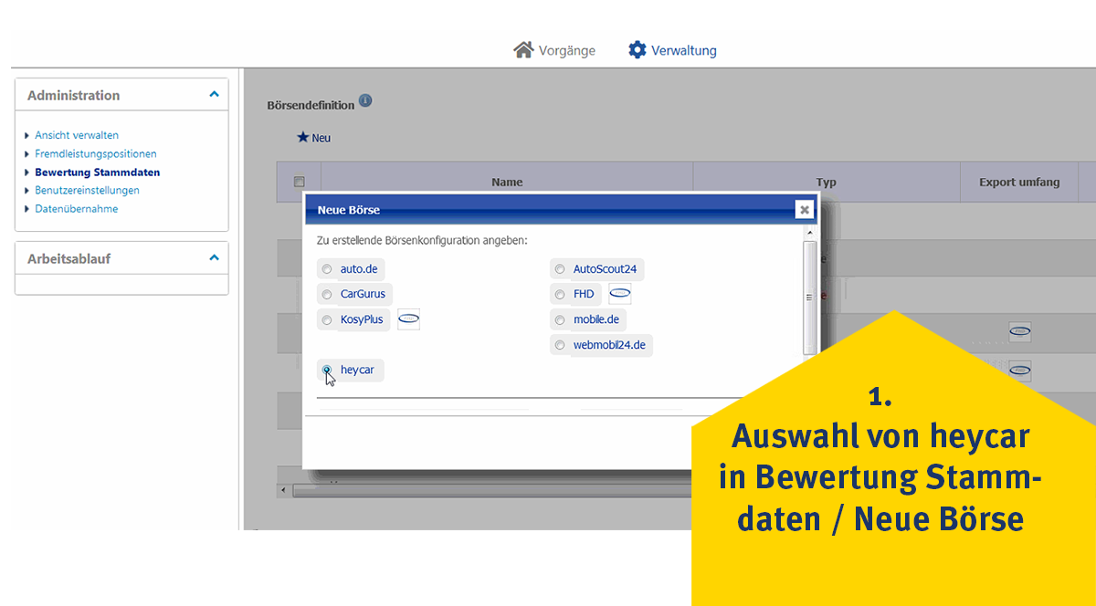 Screenshot - Einrichten des heycar-Exports in SilverDAT 3, Schritt 1: Wählen Sie in SilverDAT 3 bei Bewertung/ Stammdaten im Pop-Up Neue Börse heycar aus.