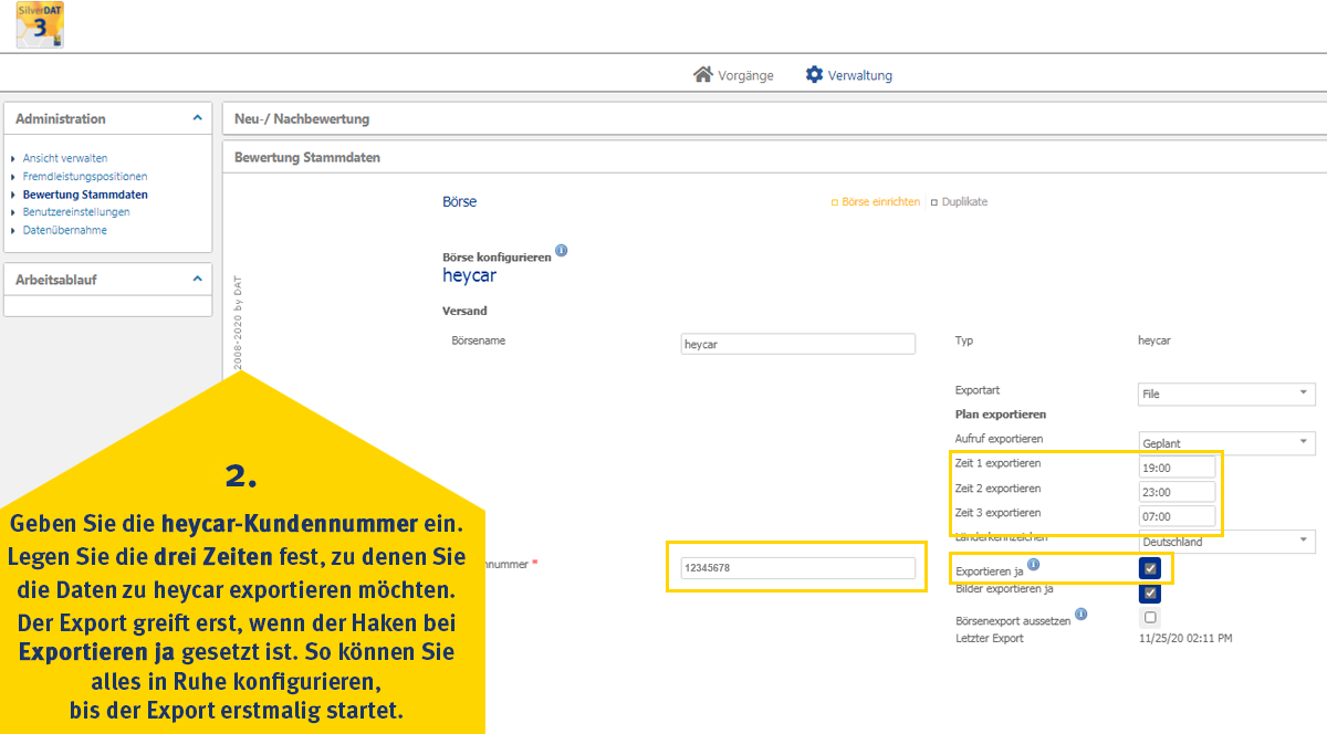 Screenshot - Einrichten des heycar-Exports in SilverDAT 3, Schritt 2: Geben Sie die heycar-Kundennummer ein. Legen Sie die drei Zeiten fest, zu denen Sie die Daten zu heycar exportieren möchten. Der Export greift erst, wenn der Haken bei Exportieren ja gesetzt ist. So können Sie alles in Ruhe konfigurieren, bis der Export erstmalig startet.