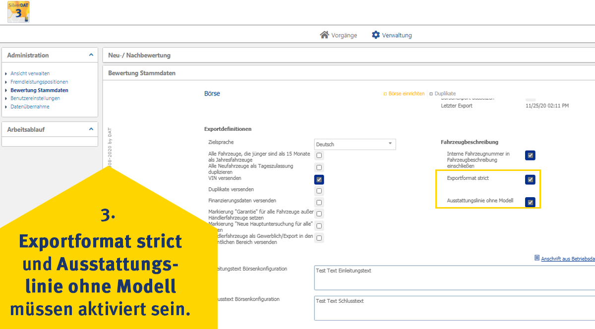 Screenshot - Einrichten des heycar-Exports in SilverDAT 3, Schritt 3: Stellen Sie sicher, dass Exportformat strict sowie Ausstattungslinie ohne Modell müssen aktiviert sein.