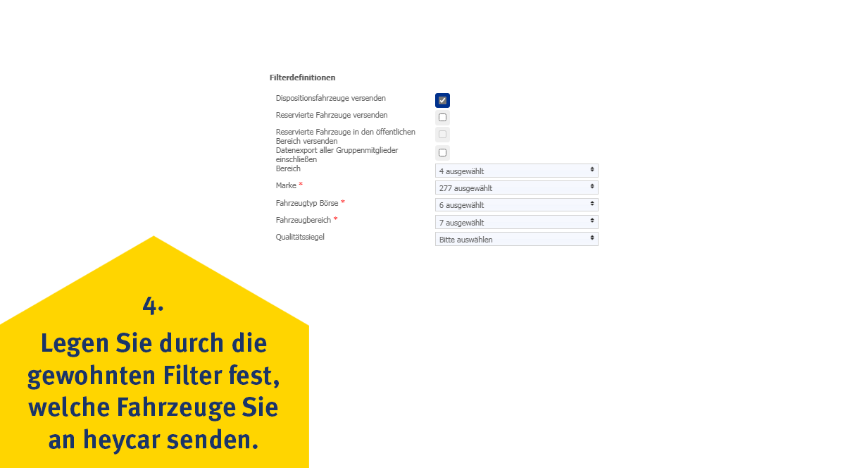 Screenshot - Einrichten des heycar-Exports in SilverDAT 3, Schritt 4: Legen Sie durch die gewohnten Filter fest, welche Fahrzeuge Sie an heycar senden.